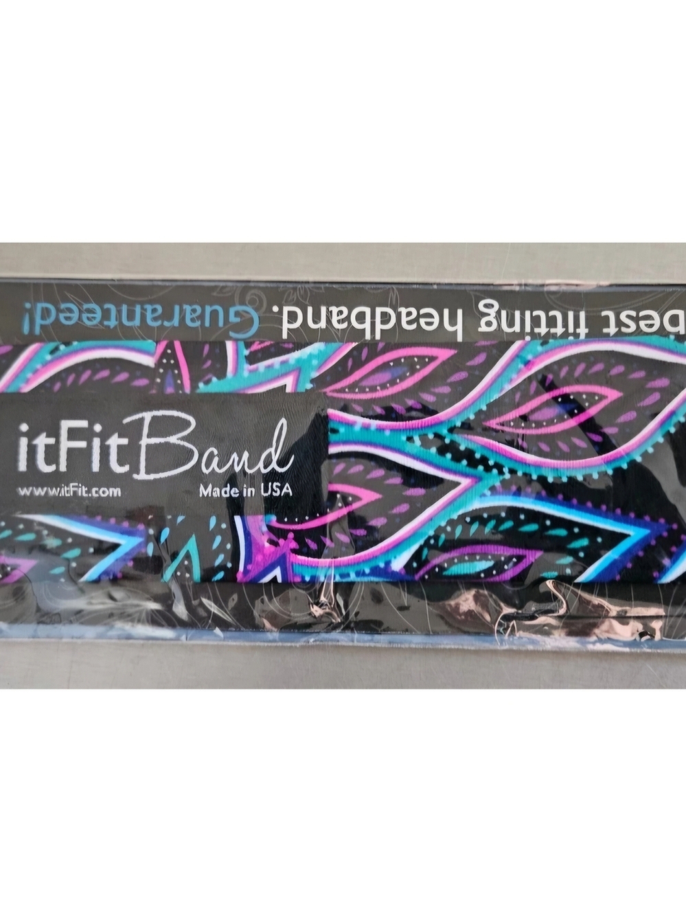 New ItFitBand Women's Black Floral Pattern Headband with Pink & Blue Accents